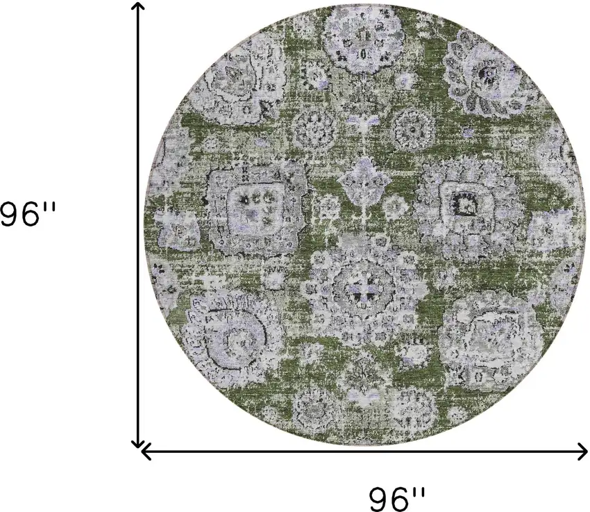 8' Olive Green And Gray Round Floral Washable Indoor Outdoor Area Rug Photo 8