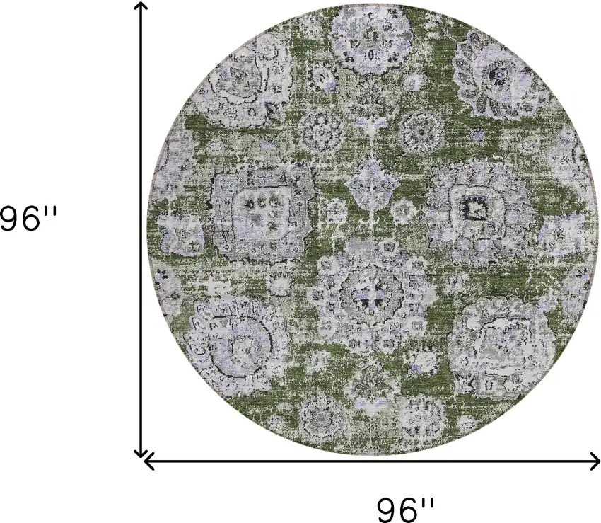 8' Olive Green And Gray Round Floral Washable Indoor Outdoor Area Rug Photo 8