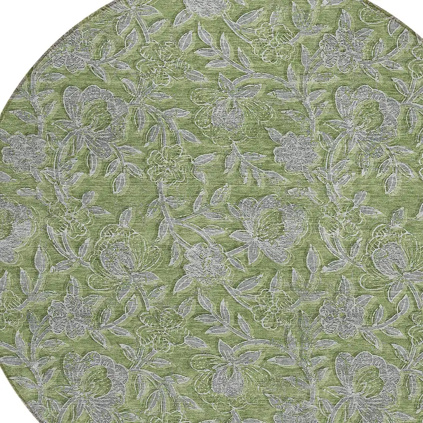 8' Olive Green And Gray Round Floral Washable Indoor Outdoor Area Rug Photo 4