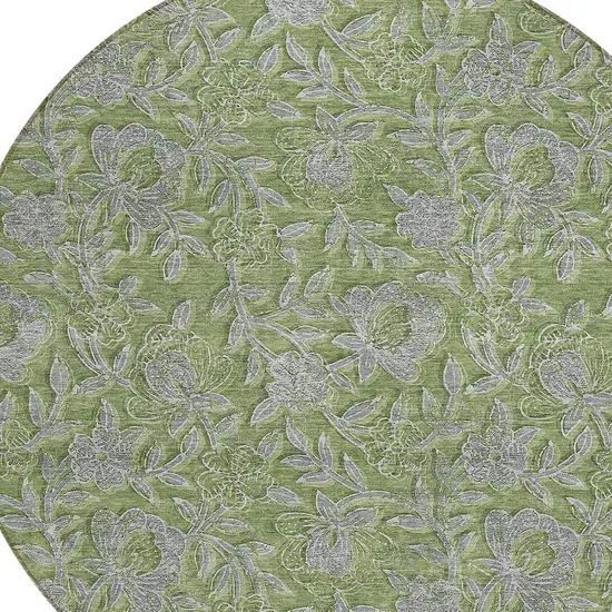 8' Olive Green And Gray Round Floral Washable Indoor Outdoor Area Rug Photo 4