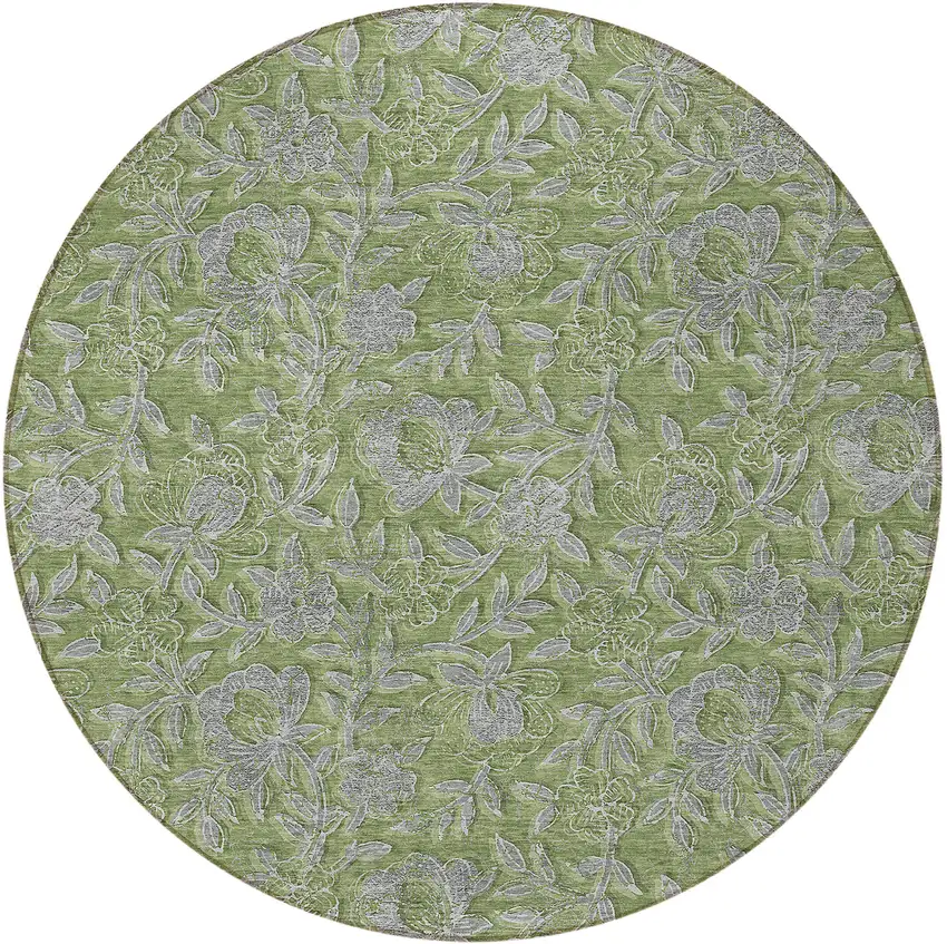 8' Olive Green And Gray Round Floral Washable Indoor Outdoor Area Rug Photo 5