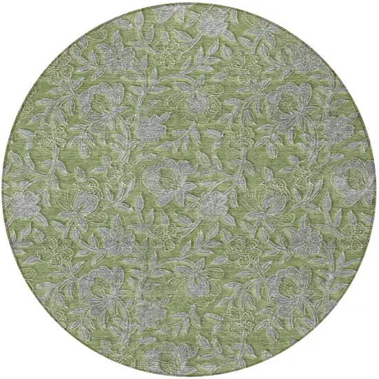 8' Olive Green And Gray Round Floral Washable Indoor Outdoor Area Rug Photo 5