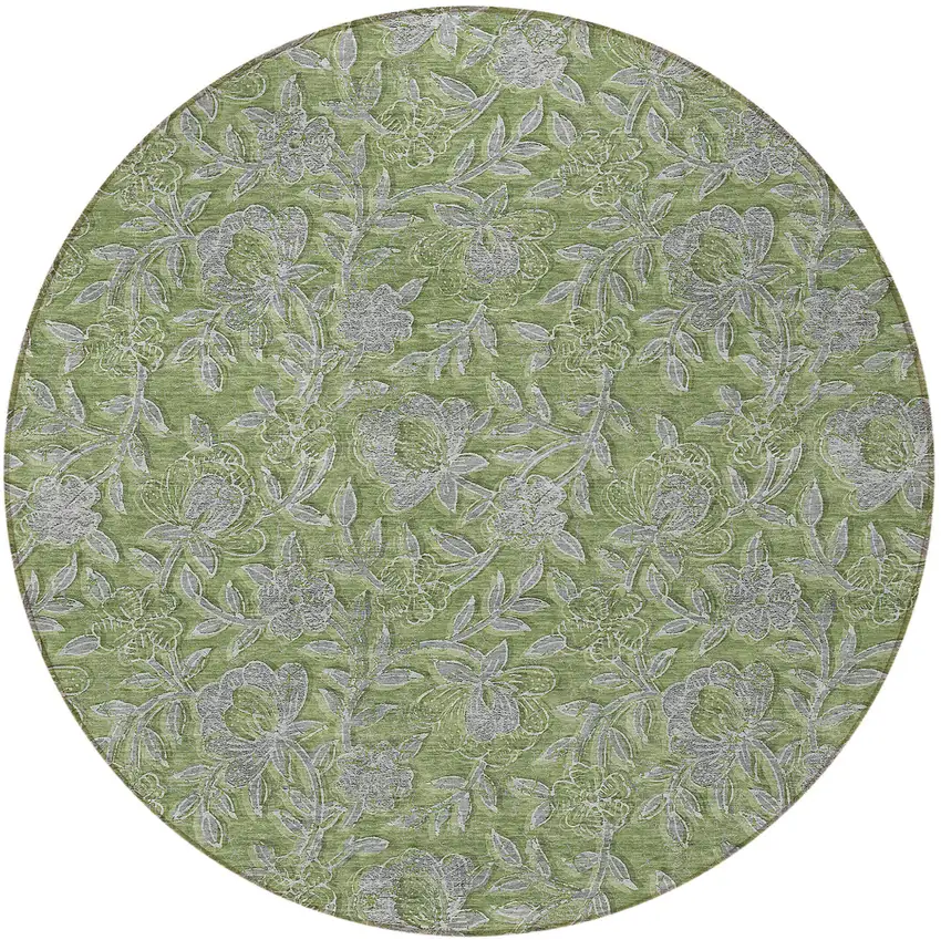 8' Olive Green And Gray Round Floral Washable Indoor Outdoor Area Rug Photo 5