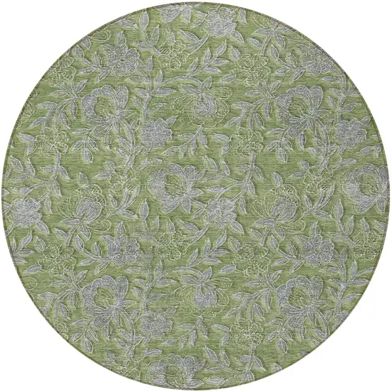 8' Olive Green And Gray Round Floral Washable Indoor Outdoor Area Rug Photo 5