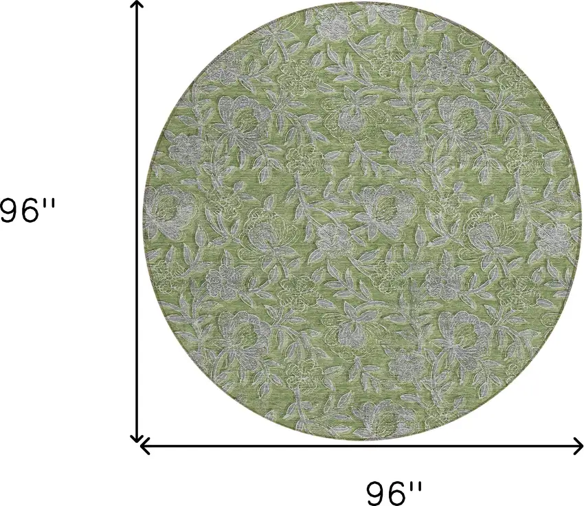 8' Olive Green And Gray Round Floral Washable Indoor Outdoor Area Rug Photo 8