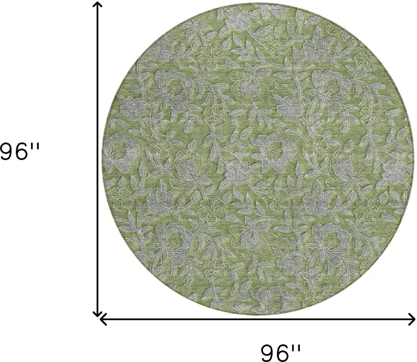 8' Olive Green And Gray Round Floral Washable Indoor Outdoor Area Rug Photo 8