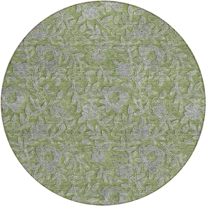 8' Olive Green And Gray Round Floral Washable Indoor Outdoor Area Rug Photo 2