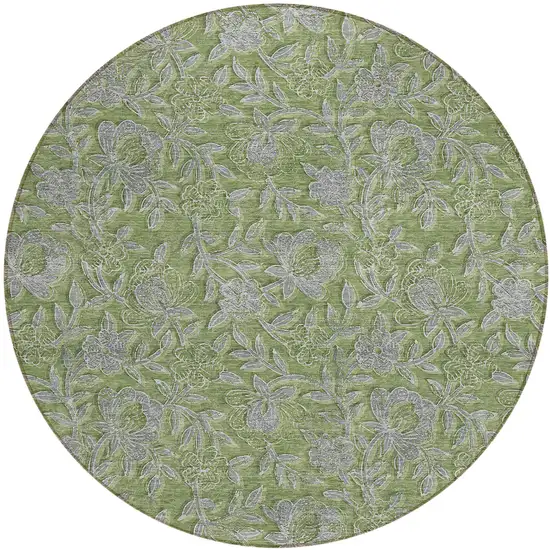8' Olive Green And Gray Round Floral Washable Indoor Outdoor Area Rug Photo 2