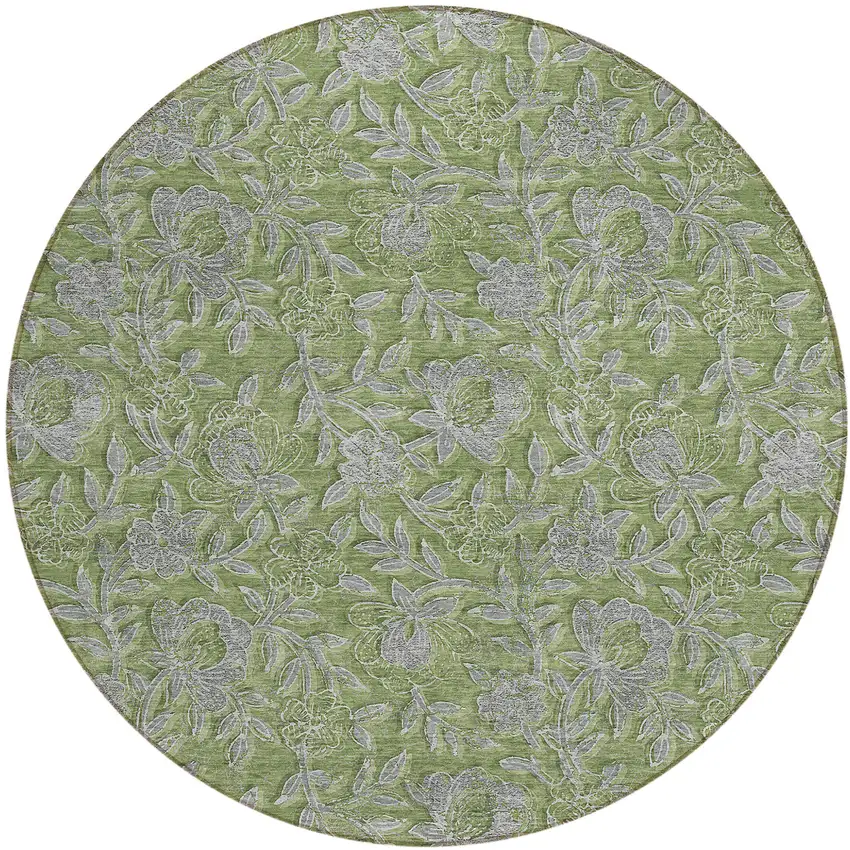8' Olive Green And Gray Round Floral Washable Indoor Outdoor Area Rug Photo 2