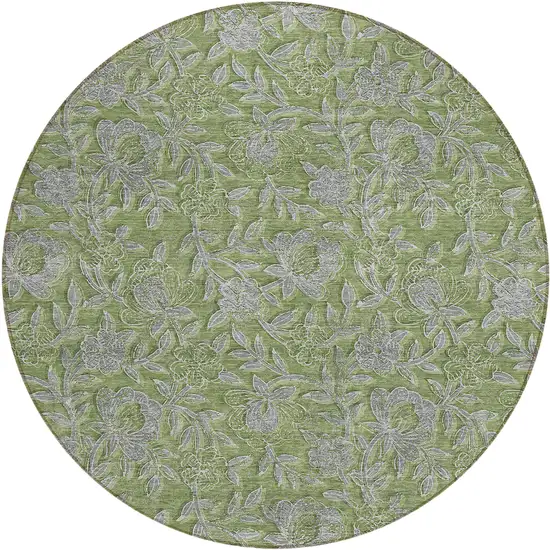 8' Olive Green And Gray Round Floral Washable Indoor Outdoor Area Rug Photo 2