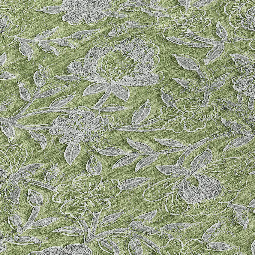 8' Olive Green And Gray Round Floral Washable Indoor Outdoor Area Rug Photo 9