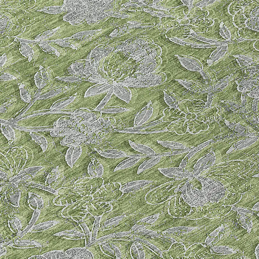8' Olive Green And Gray Round Floral Washable Indoor Outdoor Area Rug Photo 9