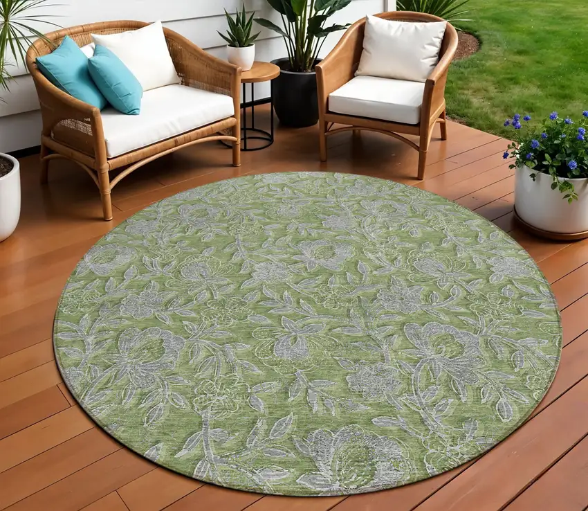 8' Olive Green And Gray Round Floral Washable Indoor Outdoor Area Rug Photo 1
