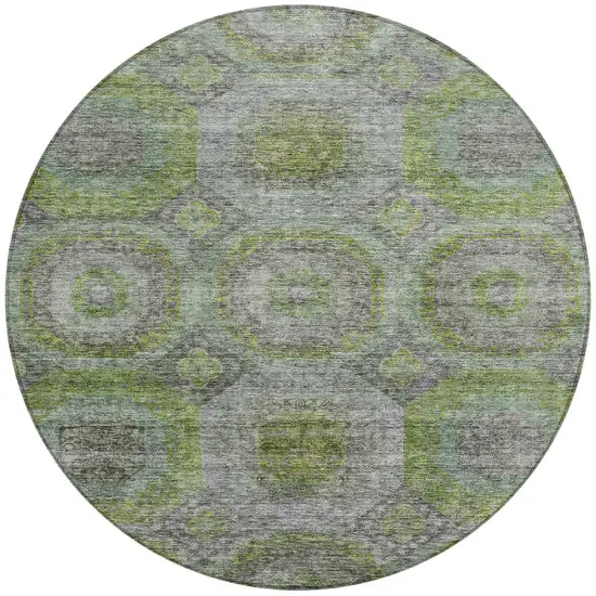 8' Olive Green And Gray Round Geometric Washable Indoor Outdoor Area Rug Photo 5
