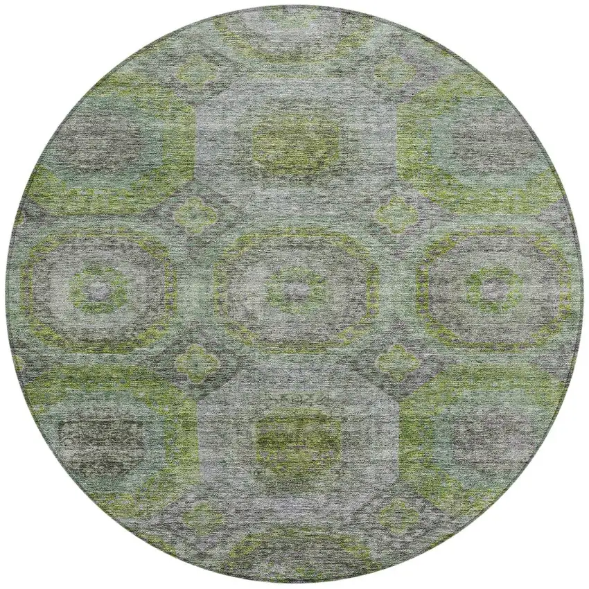 8' Olive Green And Gray Round Geometric Washable Indoor Outdoor Area Rug Photo 5