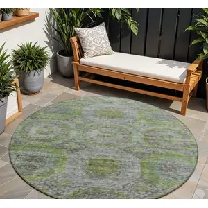 Photo of 8' Olive Green And Gray Round Geometric Washable Indoor Outdoor Area Rug