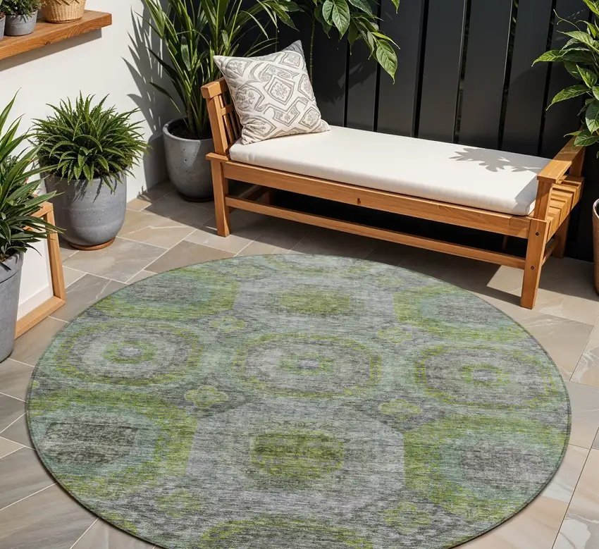 8' Olive Green And Gray Round Geometric Washable Indoor Outdoor Area Rug Photo 1