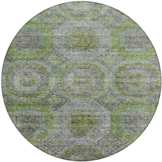 8' Olive Green And Gray Round Geometric Washable Indoor Outdoor Area Rug Photo 2