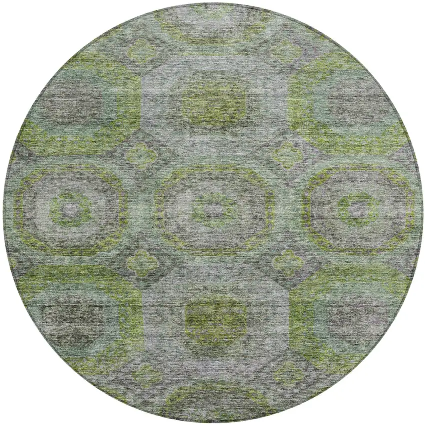 8' Olive Green And Gray Round Geometric Washable Indoor Outdoor Area Rug Photo 2