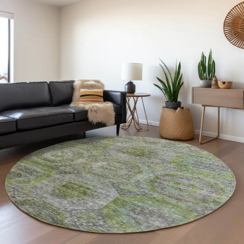 8' Olive Green And Gray Round Geometric Washable Indoor Outdoor Area Rug Photo 7