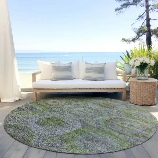 8' Olive Green And Gray Round Geometric Washable Indoor Outdoor Area Rug Photo 6