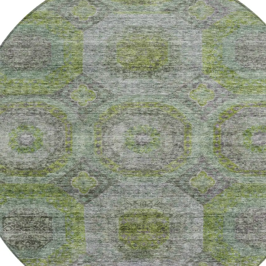 8' Olive Green And Gray Round Geometric Washable Indoor Outdoor Area Rug Photo 4