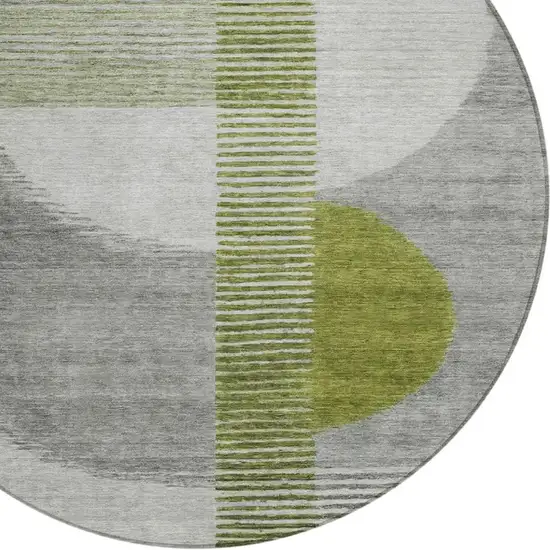 8' Olive Green And Gray Round Geometric Washable Indoor Outdoor Area Rug Photo 8