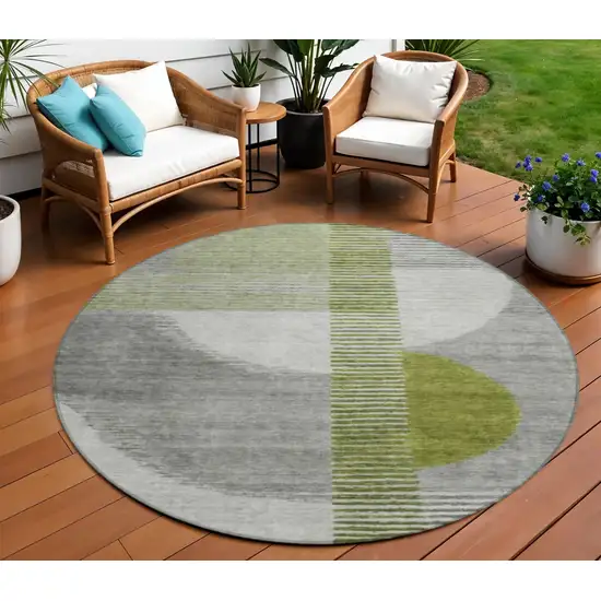 8' Olive Green And Gray Round Geometric Washable Indoor Outdoor Area Rug Photo 2