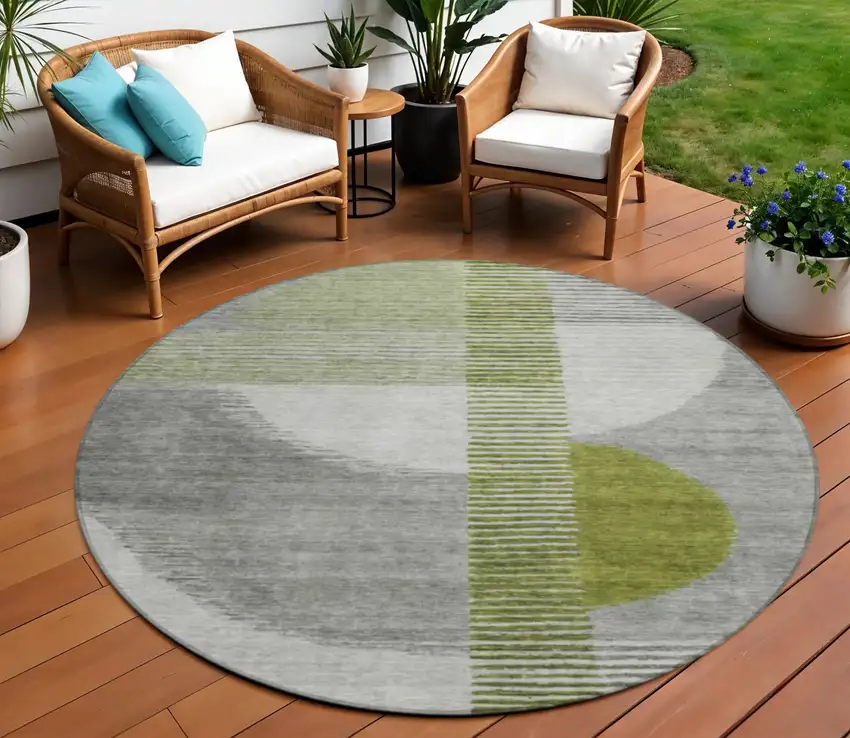 8' Olive Green And Gray Round Geometric Washable Indoor Outdoor Area Rug Photo 2