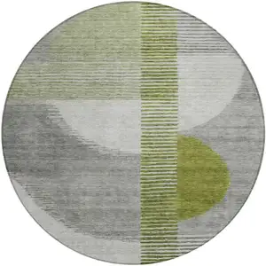 Photo of 8' Olive Green And Gray Round Geometric Washable Indoor Outdoor Area Rug