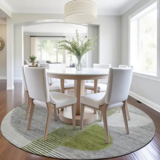 8' Olive Green And Gray Round Geometric Washable Indoor Outdoor Area Rug Photo 6