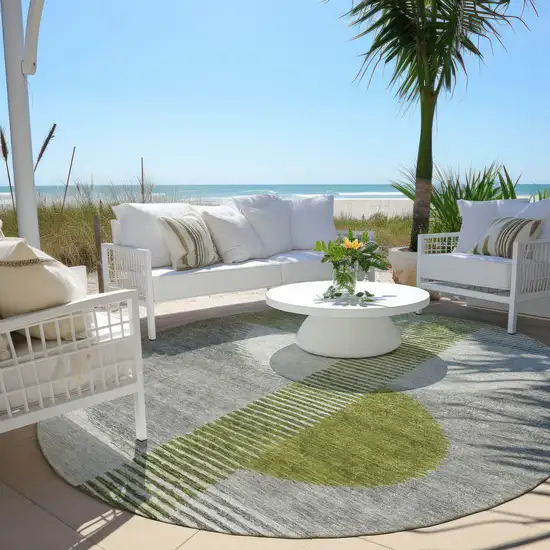 8' Olive Green And Gray Round Geometric Washable Indoor Outdoor Area Rug Photo 5