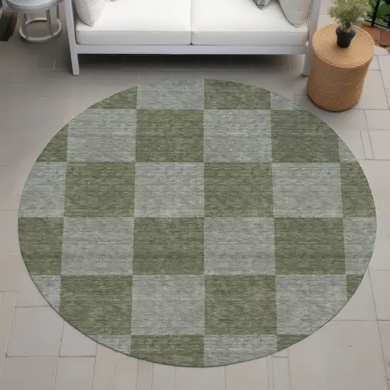 8' Olive Green And Gray Round Geometric Washable Indoor Outdoor Area Rug Photo 7