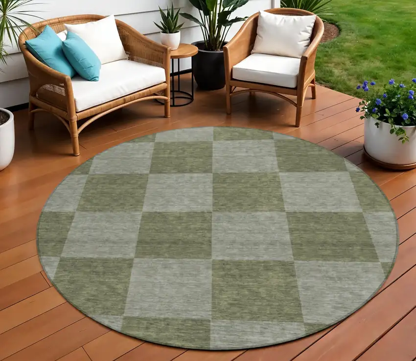 8' Olive Green And Gray Round Geometric Washable Indoor Outdoor Area Rug Photo 1