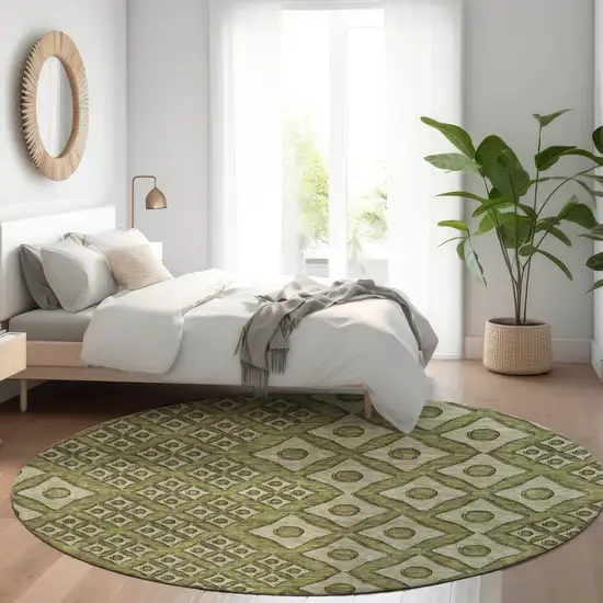 8' Olive Green And Gray Round Geometric Washable Indoor Outdoor Area Rug Photo 6