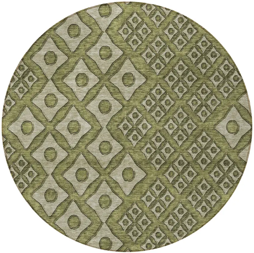 8' Olive Green And Gray Round Geometric Washable Indoor Outdoor Area Rug Photo 4