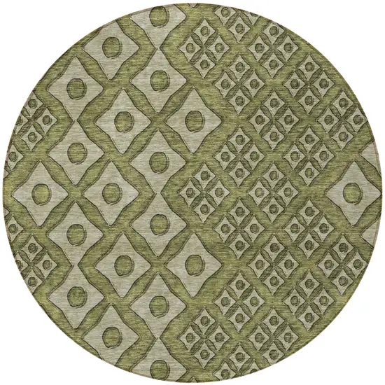 8' Olive Green And Gray Round Geometric Washable Indoor Outdoor Area Rug Photo 4