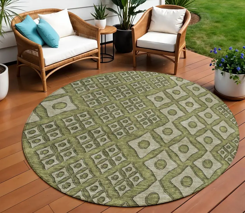 8' Olive Green And Gray Round Geometric Washable Indoor Outdoor Area Rug Photo 1