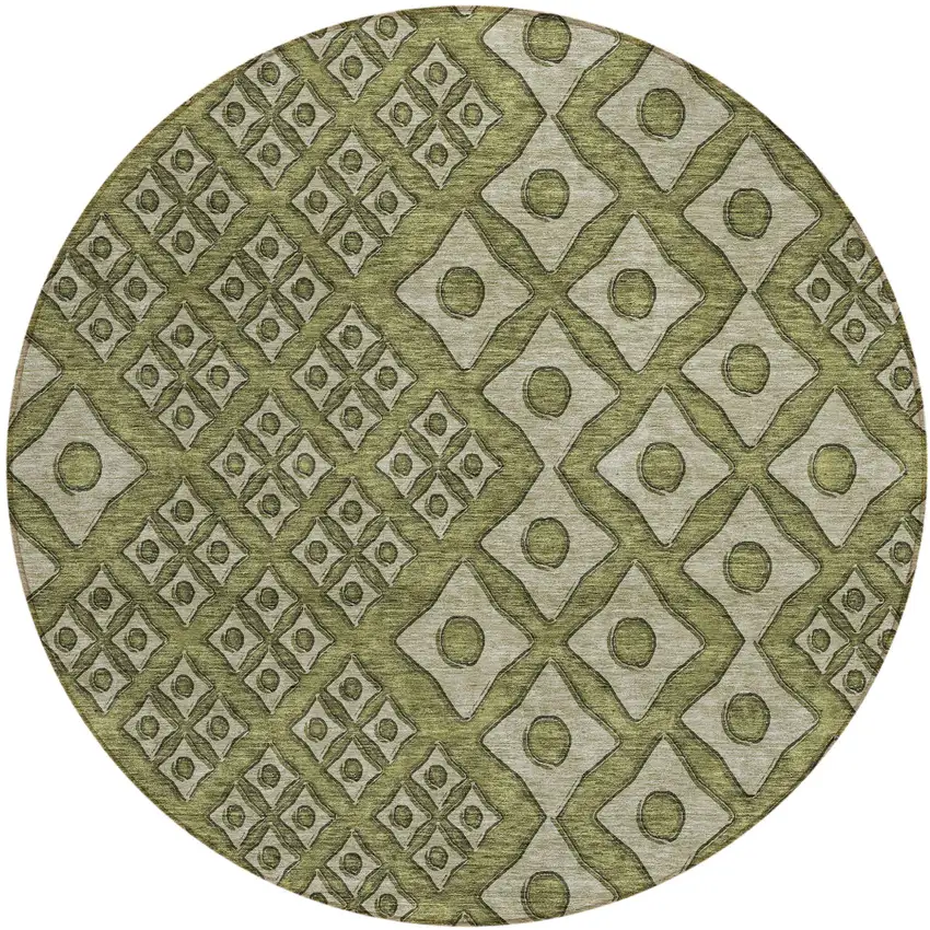 8' Olive Green And Gray Round Geometric Washable Indoor Outdoor Area Rug Photo 2