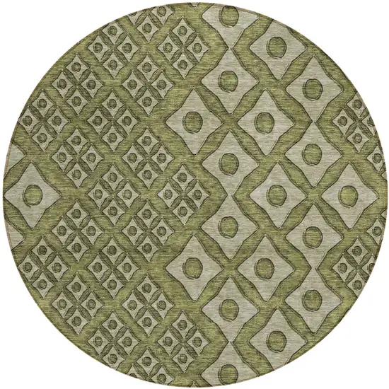 8' Olive Green And Gray Round Geometric Washable Indoor Outdoor Area Rug Photo 2