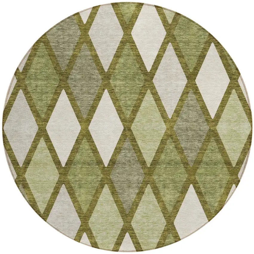 8' Olive Green And Gray Round Geometric Washable Indoor Outdoor Area Rug Photo 5