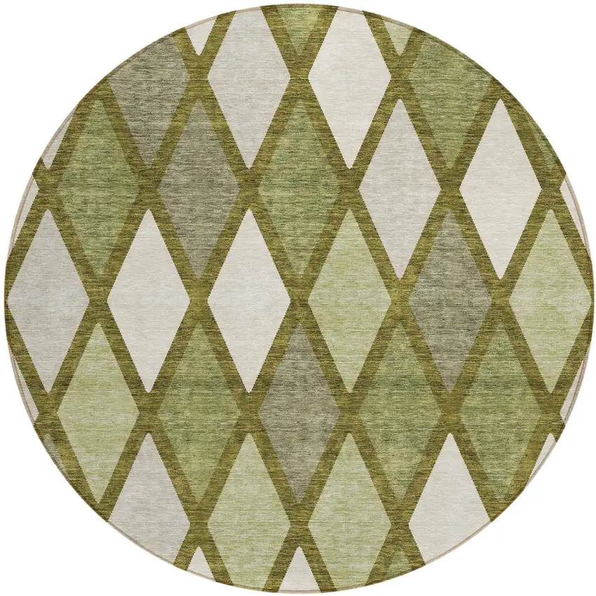 8' Olive Green And Gray Round Geometric Washable Indoor Outdoor Area Rug Photo 2