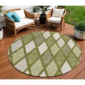 Photo of 8' Olive Green And Gray Round Geometric Washable Indoor Outdoor Area Rug