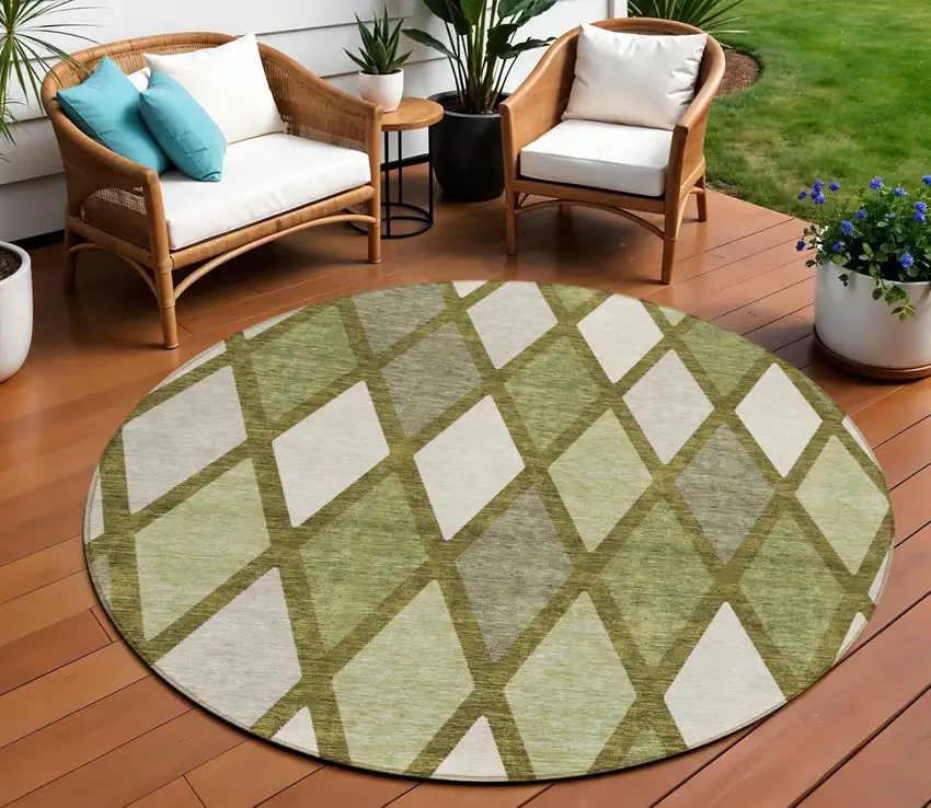 8' Olive Green And Gray Round Geometric Washable Indoor Outdoor Area Rug Photo 1