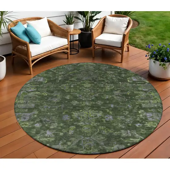 8' Olive Green And Gray Round Medallion Washable Indoor Outdoor Area Rug Photo 1