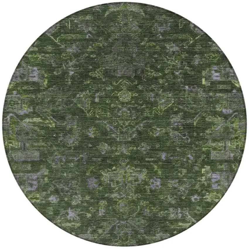 8' Olive Green And Gray Round Medallion Washable Indoor Outdoor Area Rug Photo 4