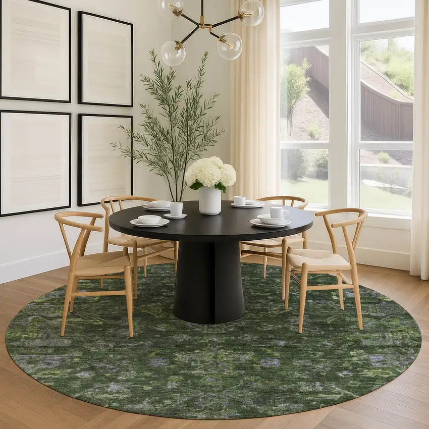 8' Olive Green And Gray Round Medallion Washable Indoor Outdoor Area Rug Photo 9