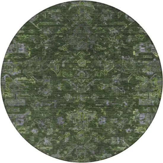 8' Olive Green And Gray Round Medallion Washable Indoor Outdoor Area Rug Photo 2