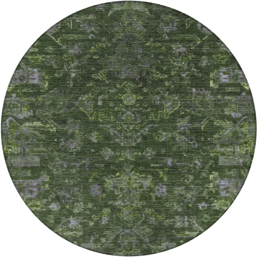 8' Olive Green And Gray Round Medallion Washable Indoor Outdoor Area Rug Photo 2