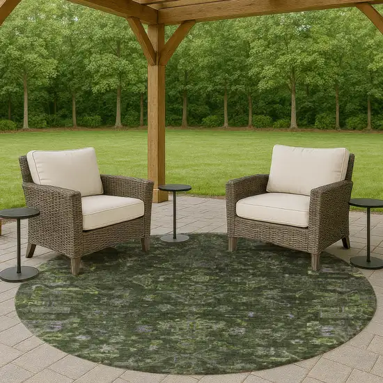 8' Olive Green And Gray Round Medallion Washable Indoor Outdoor Area Rug Photo 8